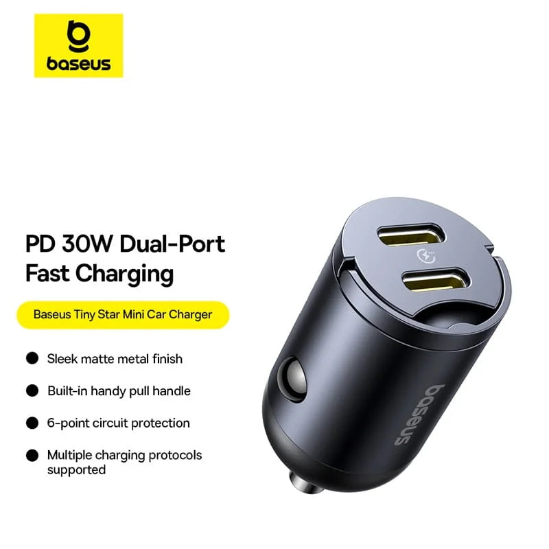 Baseus Tiny Star Mini Car Charger 30W – Compact 30W Fast Charging Dual Port Car Adapter (USB-C + USB-A)