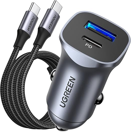 Dual Port 30W Car Charger PD 3.0 + QC 3.0 USB-C & USB-A Fast Charging Adapter with PD60W Cable