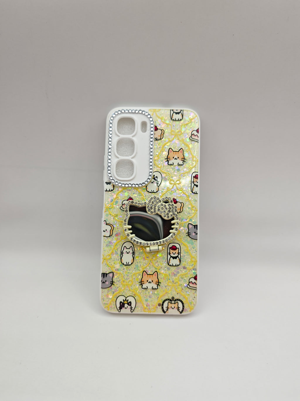 infinix hot 60i Luxury Glitter Cartoon Cat Mobile Back Covers with Integrated Makeup Mirror Stand