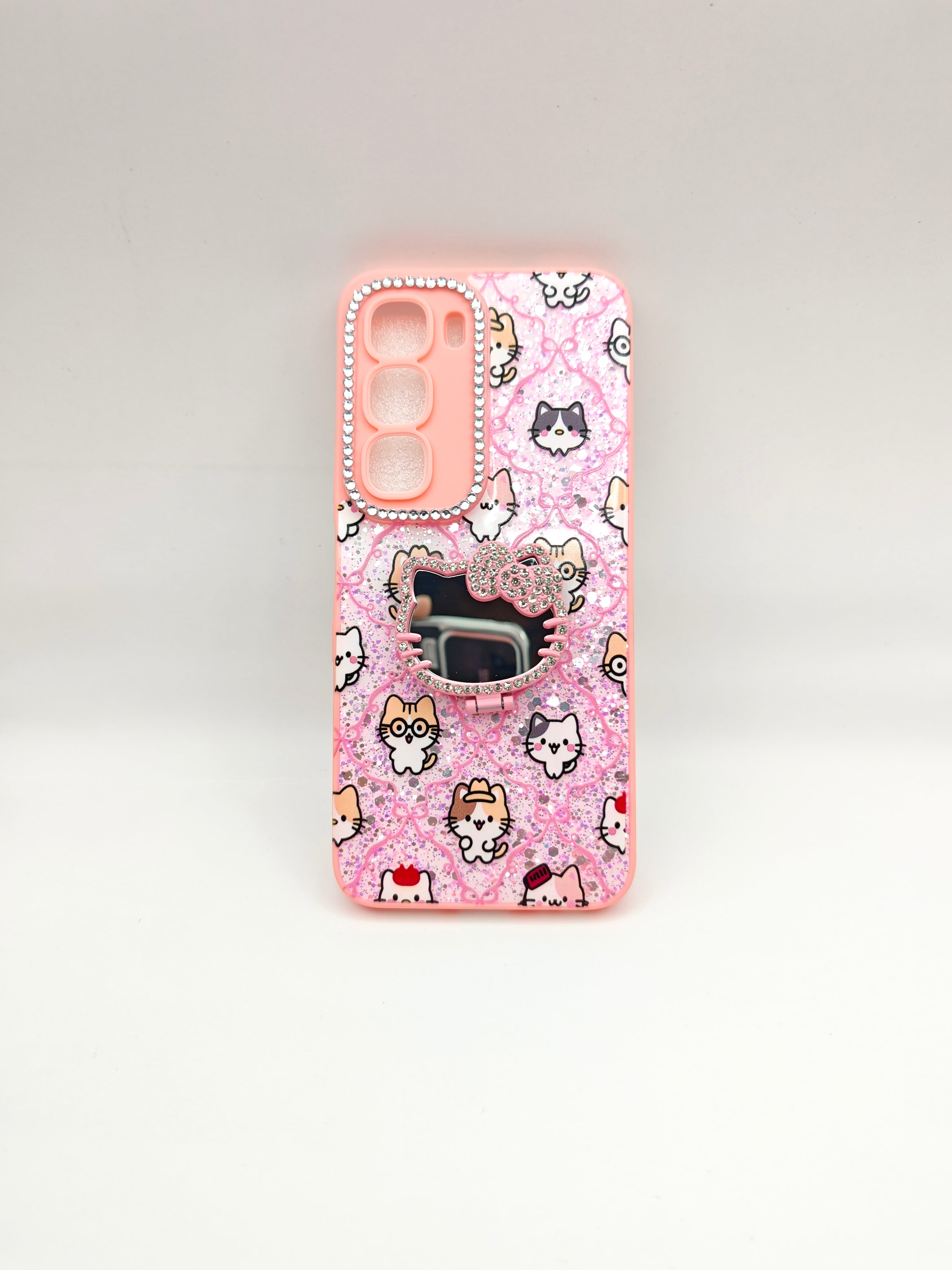infinix hot 60i Luxury Glitter Cartoon Cat Mobile Back Covers with Integrated Makeup Mirror Stand