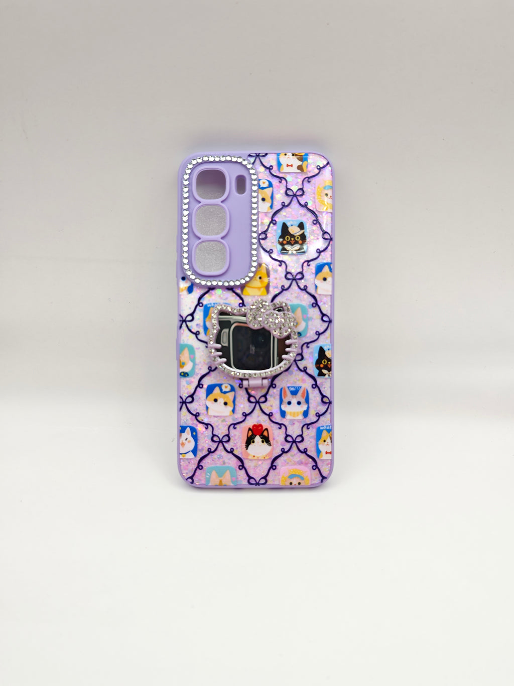 infinix hot 60i Luxury Glitter Cartoon Cat Mobile Back Covers with Integrated Makeup Mirror Stand