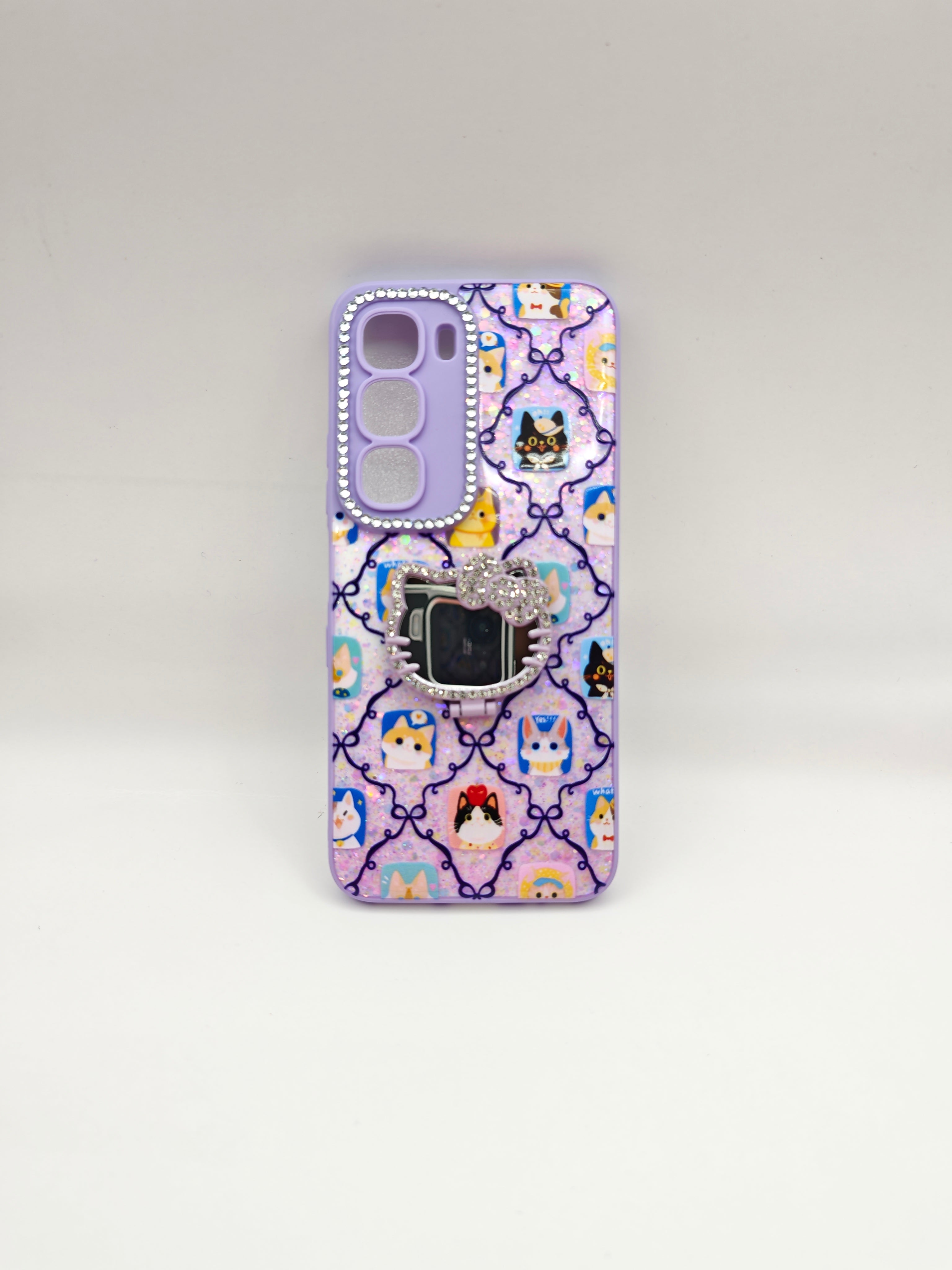 infinix hot 60i Luxury Glitter Cartoon Cat Mobile Back Covers with Integrated Makeup Mirror Stand