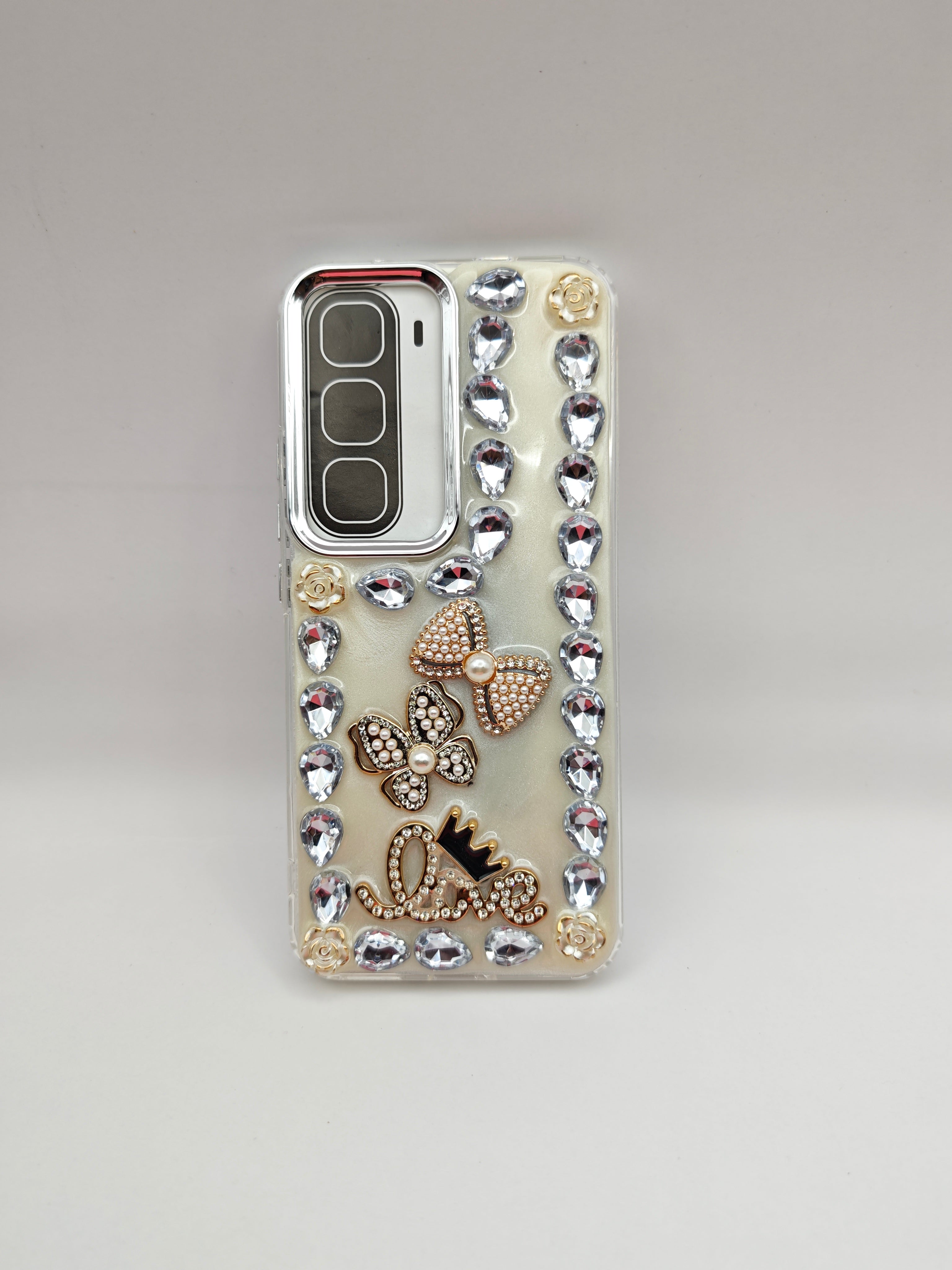 infinix hot 60 pro plus Luxury Rhinestone & Pearl "Love" Bow Charm Phone Case