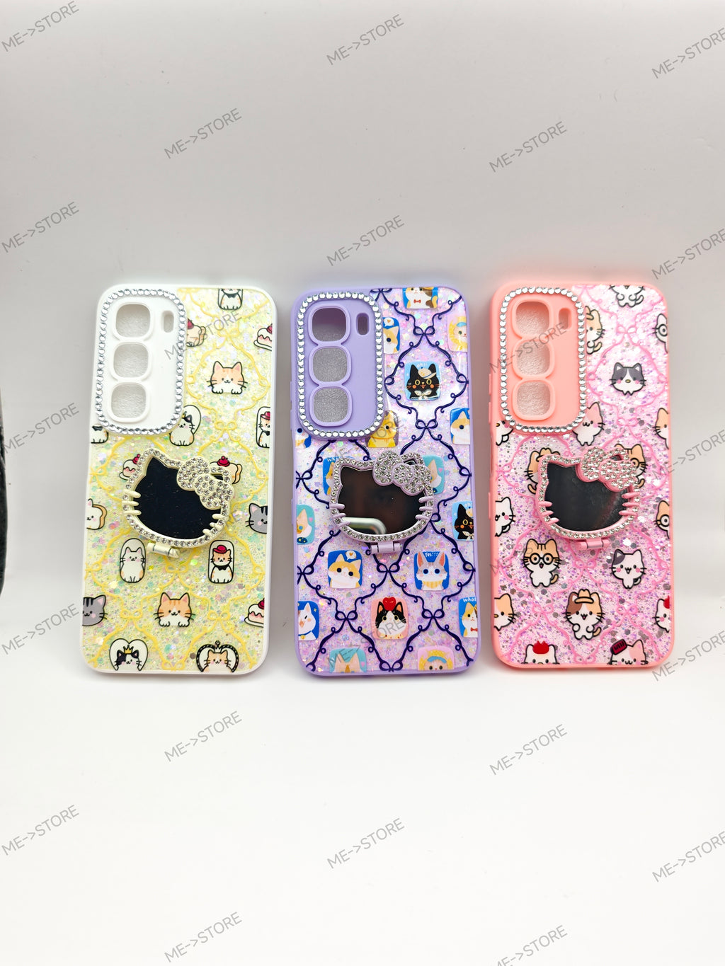 infinix hot 60i Luxury Glitter Cartoon Cat Mobile Back Covers with Integrated Makeup Mirror Stand