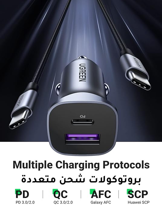 Dual Port 30W Car Charger PD 3.0 + QC 3.0 USB-C & USB-A Fast Charging Adapter with PD60W Cable