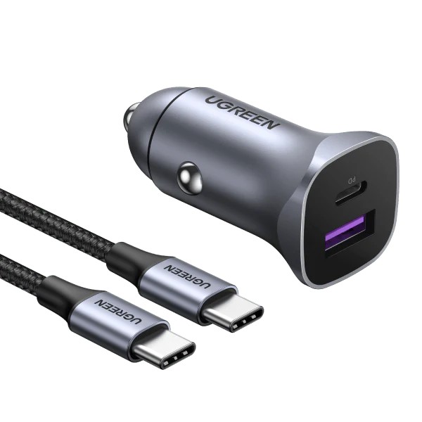 Dual Port 30W Car Charger PD 3.0 + QC 3.0 USB-C & USB-A Fast Charging Adapter with PD60W Cable