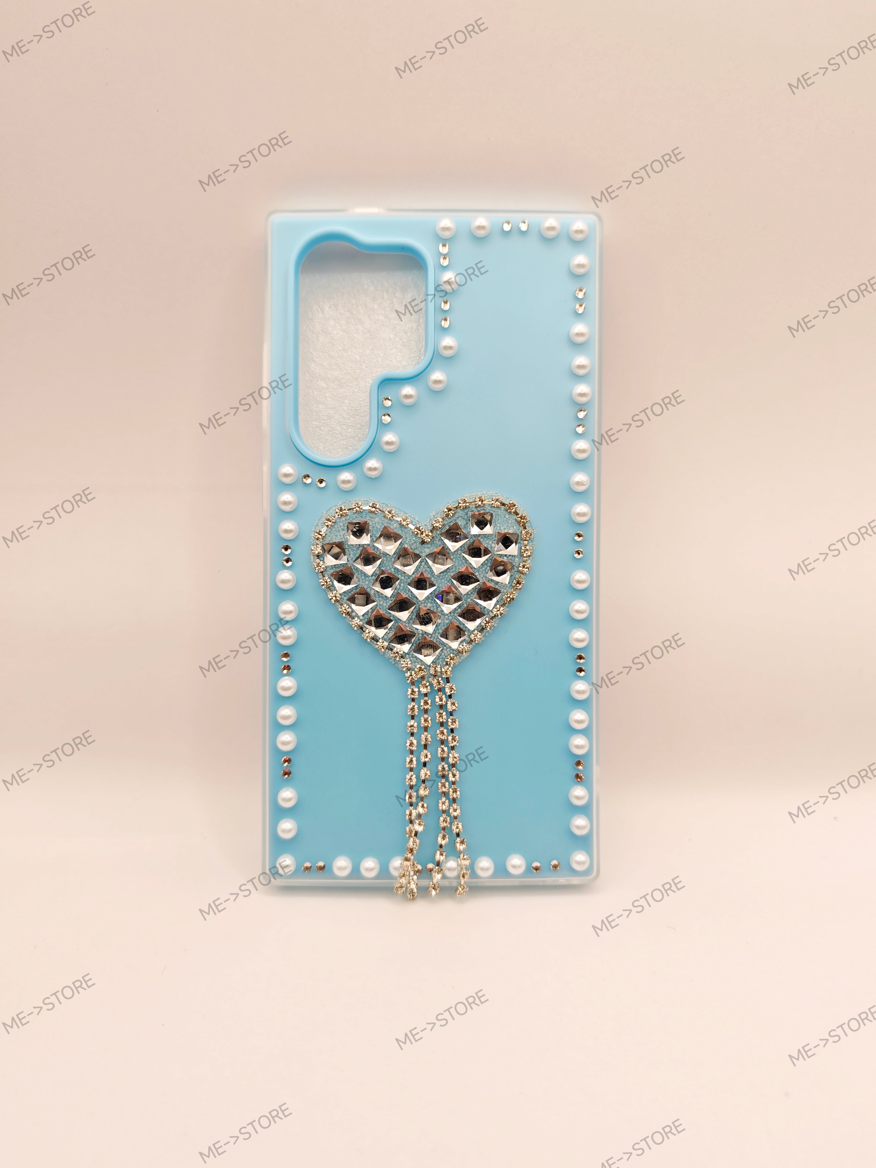 SAMSUNG S-21U  To  S-26U Luxury Rhinestone Heart Tassel Phone Case – Premium Pearl Border Pastel Silicone Cover