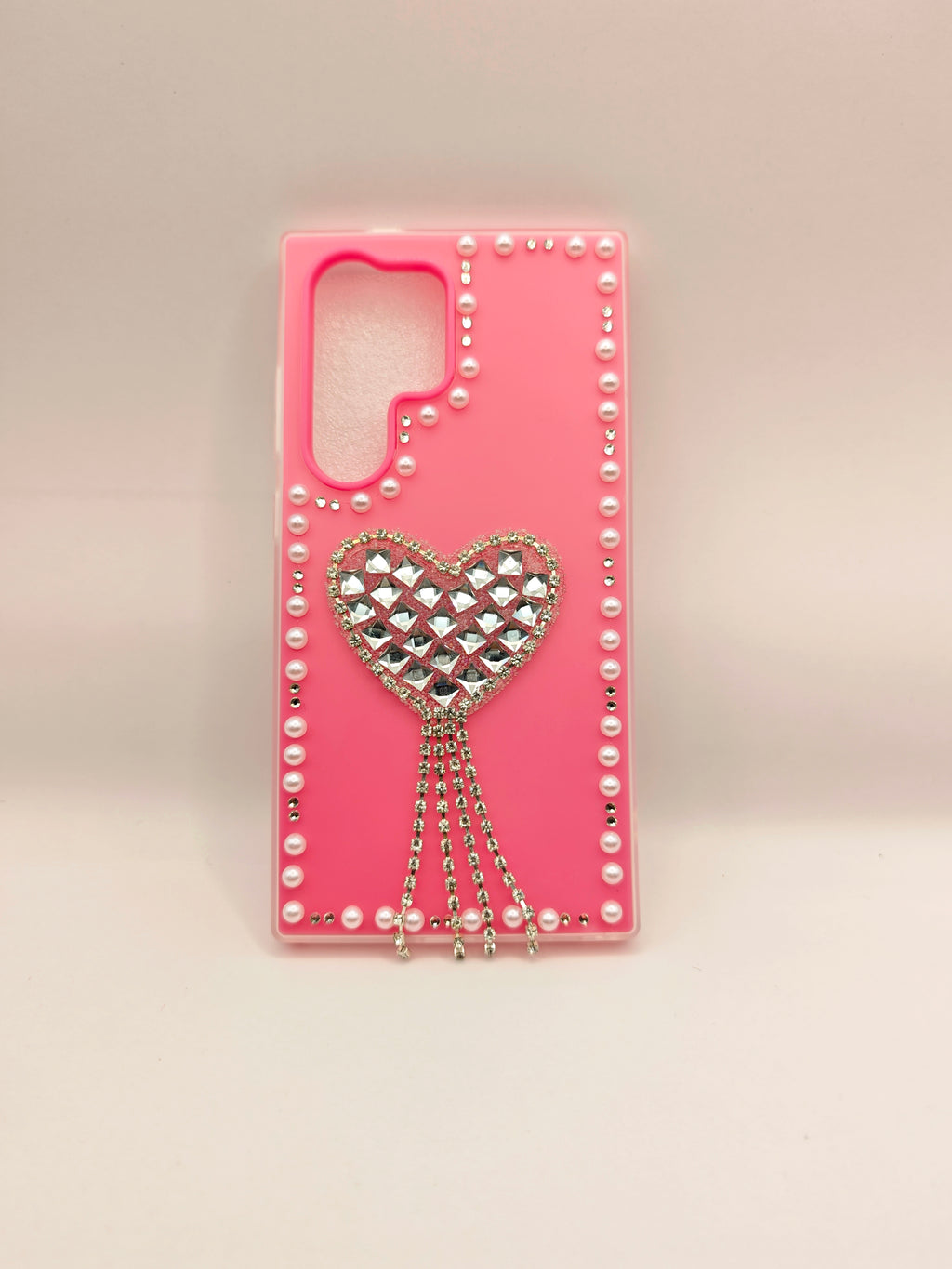 SAMSUNG S-21U  To  S-26U Luxury Rhinestone Heart Tassel Phone Case – Premium Pearl Border Pastel Silicone Cover