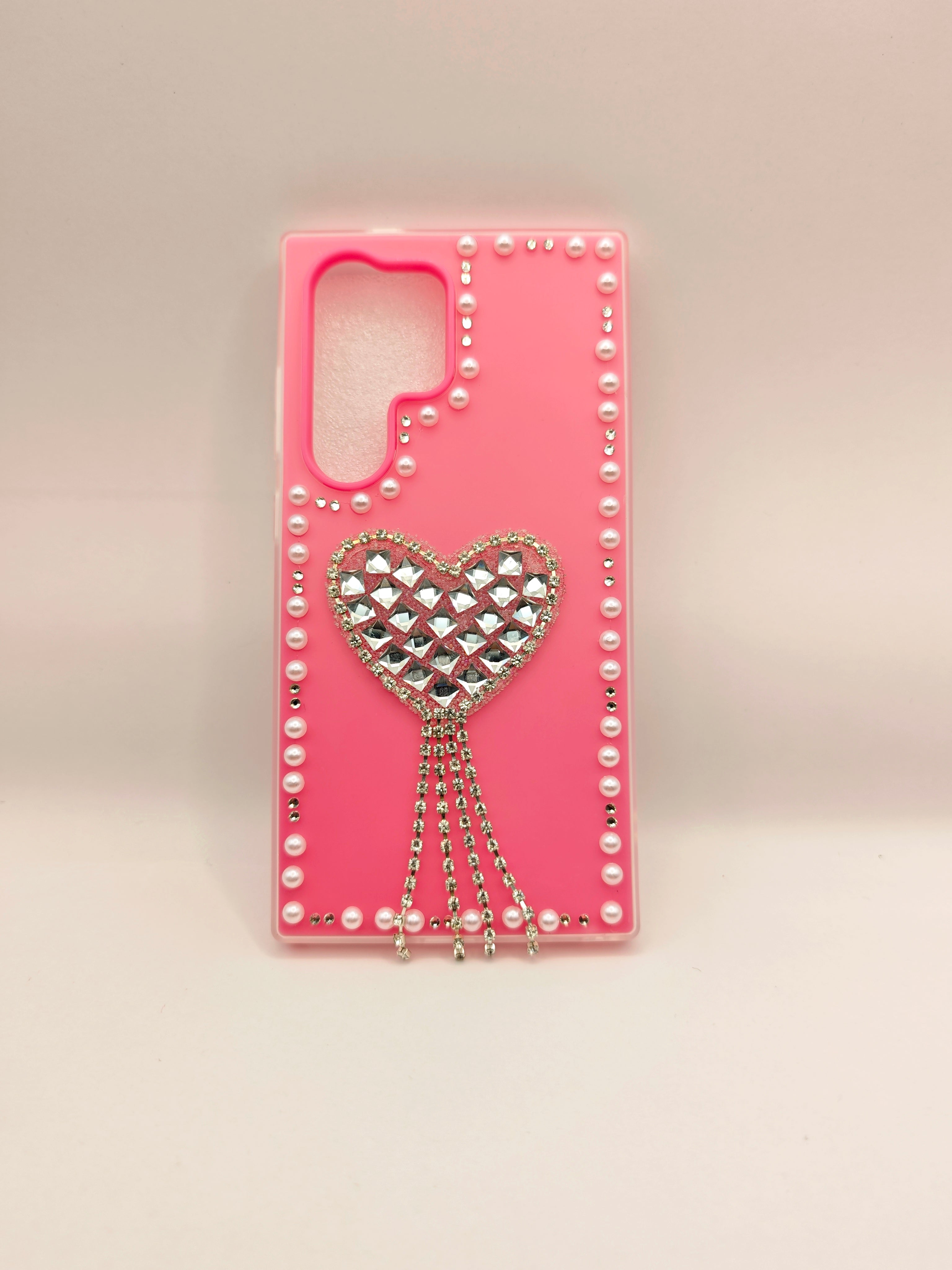 SAMSUNG S-21U  To  S-26U Luxury Rhinestone Heart Tassel Phone Case – Premium Pearl Border Pastel Silicone Cover