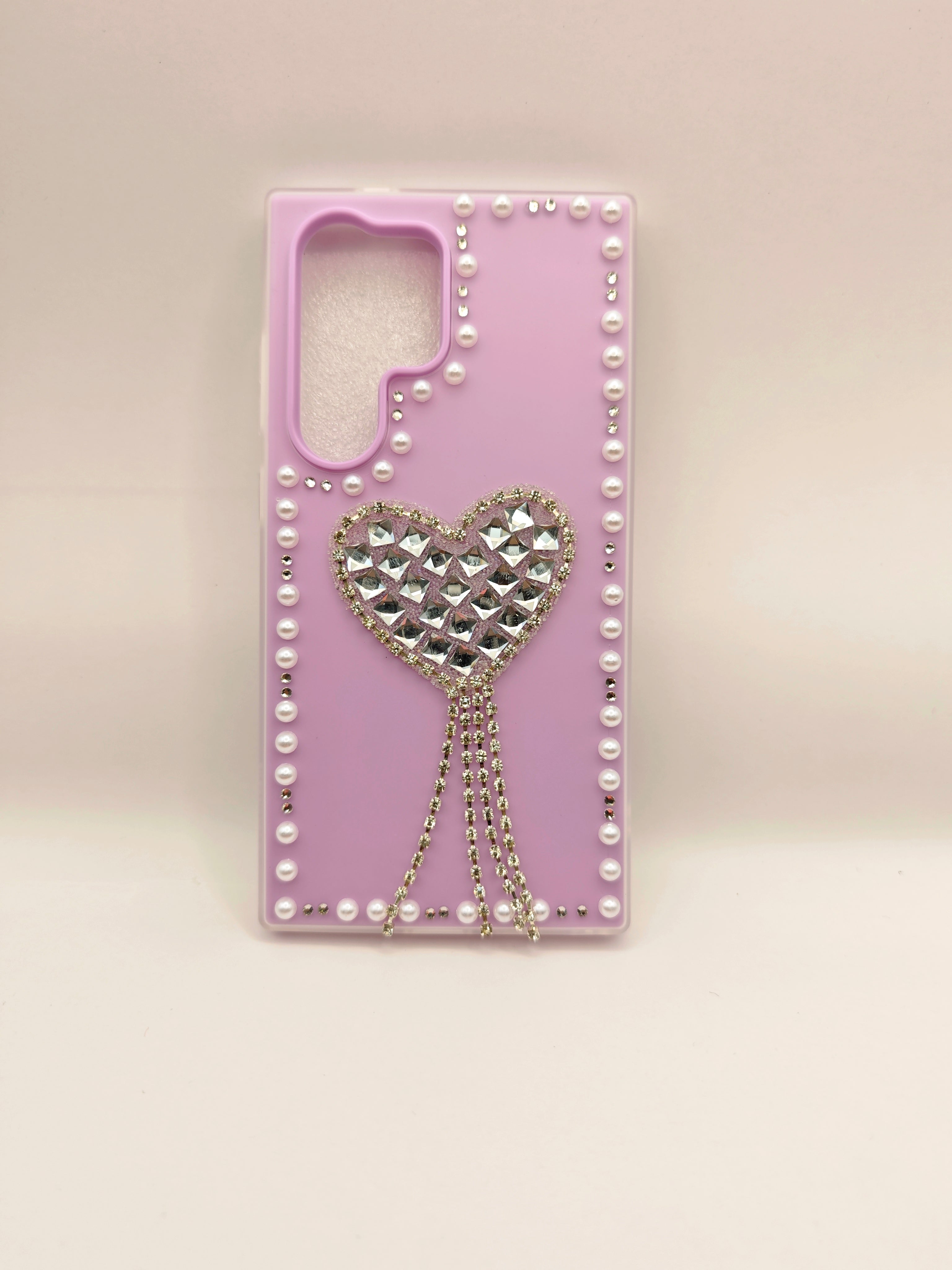 SAMSUNG S-21U  To  S-26U Luxury Rhinestone Heart Tassel Phone Case – Premium Pearl Border Pastel Silicone Cover