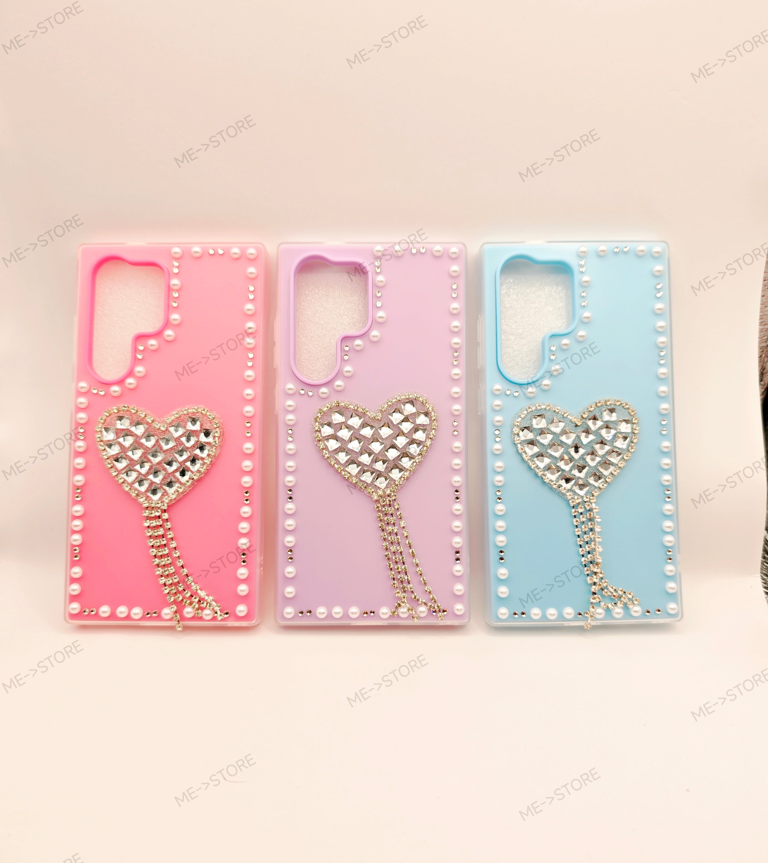 SAMSUNG S-21U  To  S-26U Luxury Rhinestone Heart Tassel Phone Case – Premium Pearl Border Pastel Silicone Cover