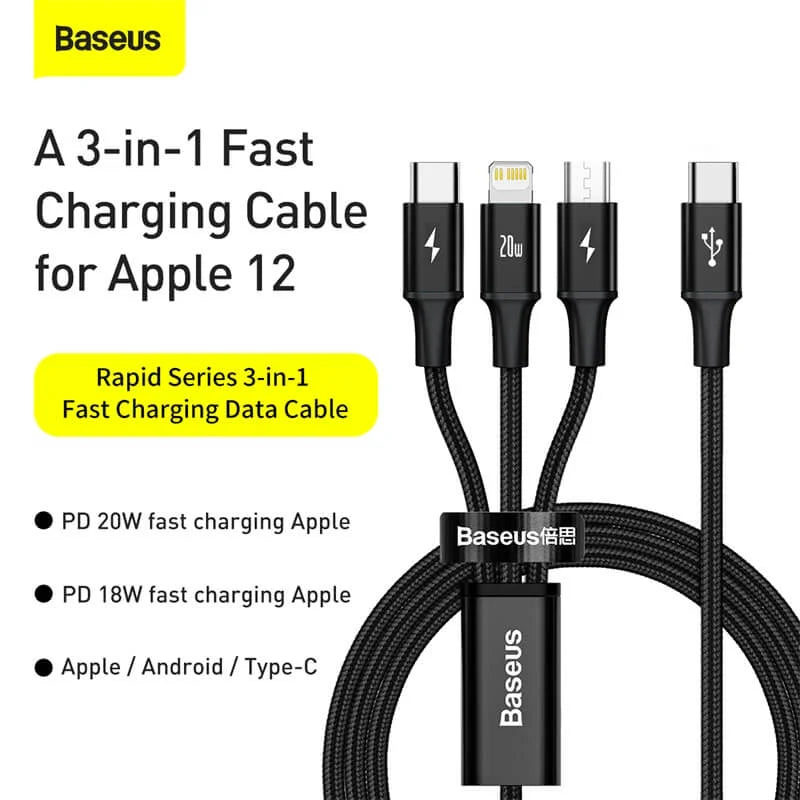 Baseus Rapid Series 3-in-1 Fast Charging Cable (Type-C to Micro USB, Lightning & USB-C) PD 20W